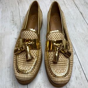 TORY BURCH Box Straw GOLD Tassel Woven Loafer Size